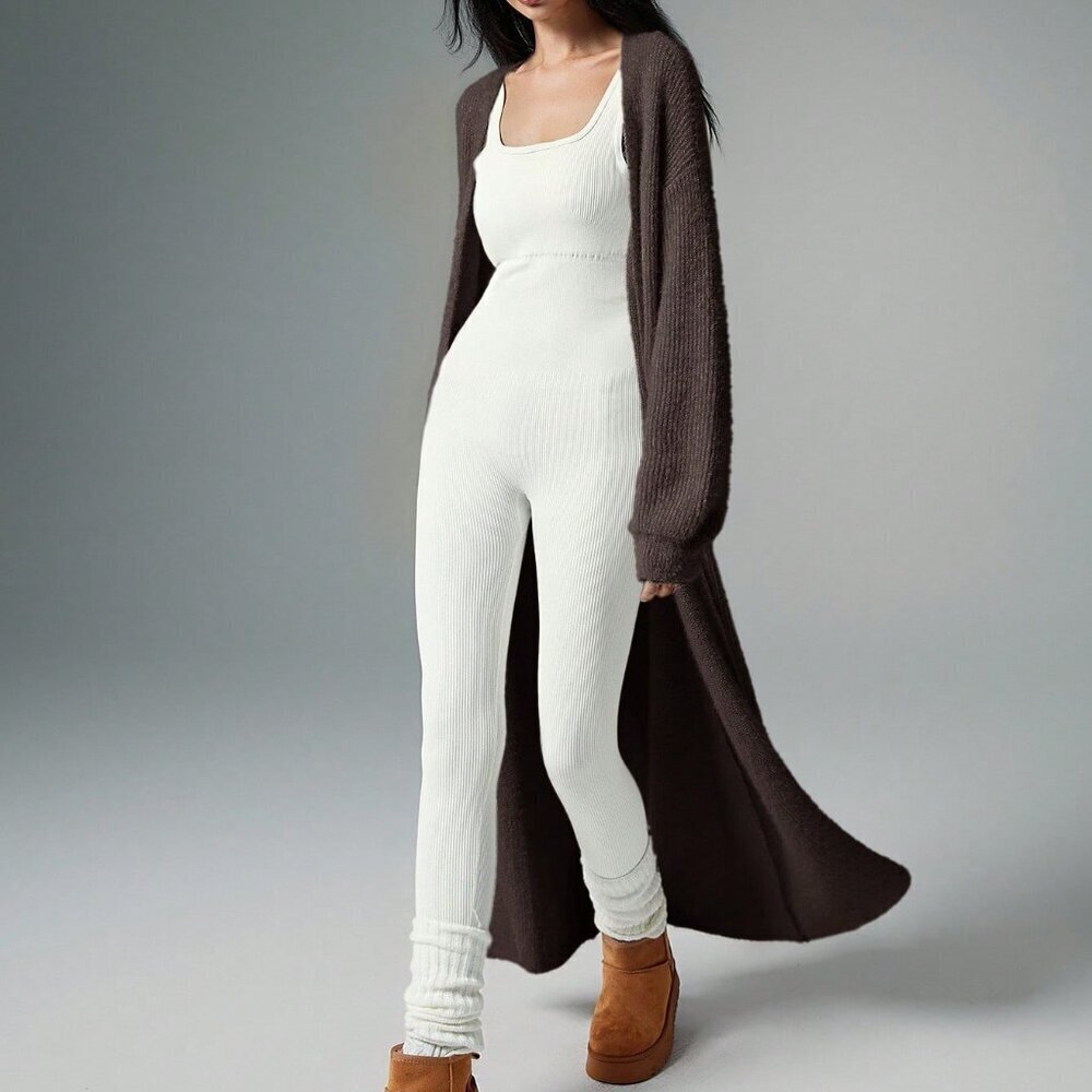 Coffee Brown Casual Women's Plush Extra Long Knit Cardigan